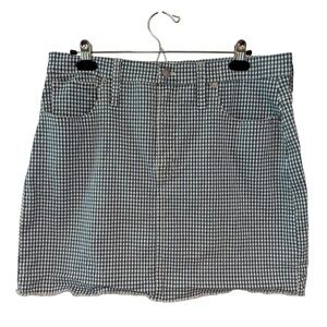 Madewell Gingham Skirt Stretch Size 32 Womens Blue White Checkered raw edge